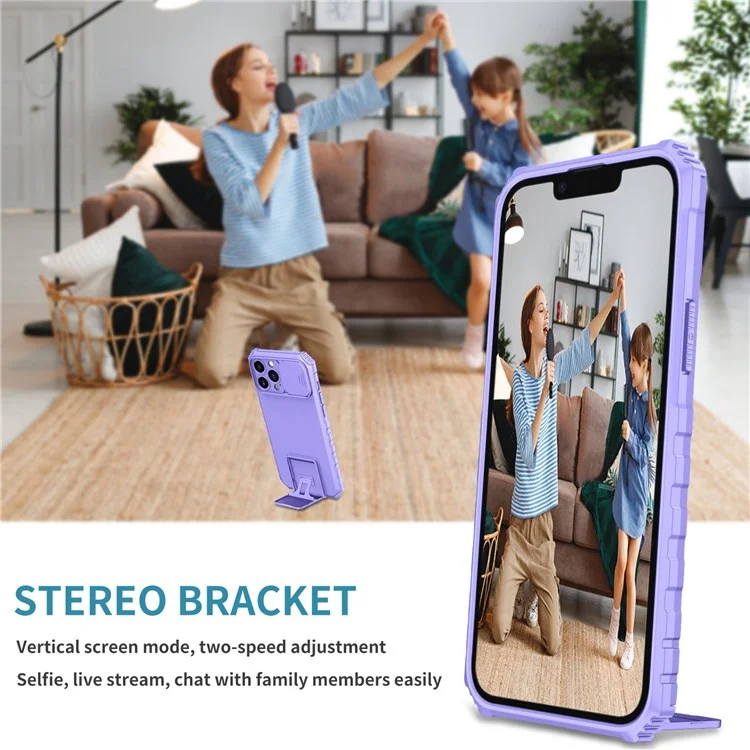 For iPhone 13 Pro Max 6.7 inch Adjustable Vertical Kickstand PC + TPU Case Camera Sliding Cover Phone Shell - Purple