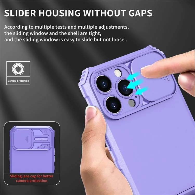 For iPhone 13 Pro Max 6.7 inch Adjustable Vertical Kickstand PC + TPU Case Camera Sliding Cover Phone Shell - Purple