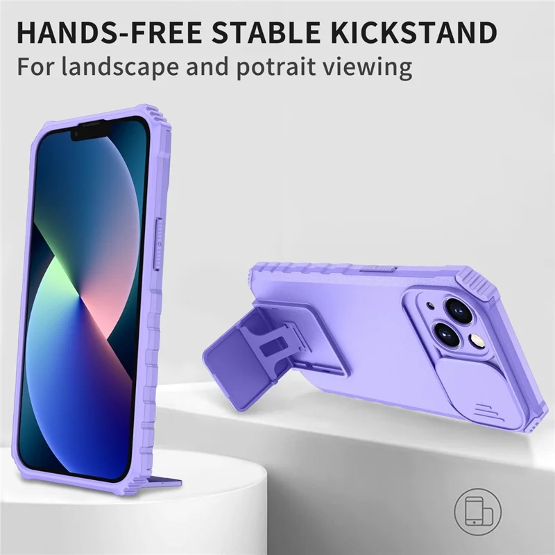 For iPhone 13 Pro Max 6.7 inch Adjustable Vertical Kickstand PC + TPU Case Camera Sliding Cover Phone Shell - Purple