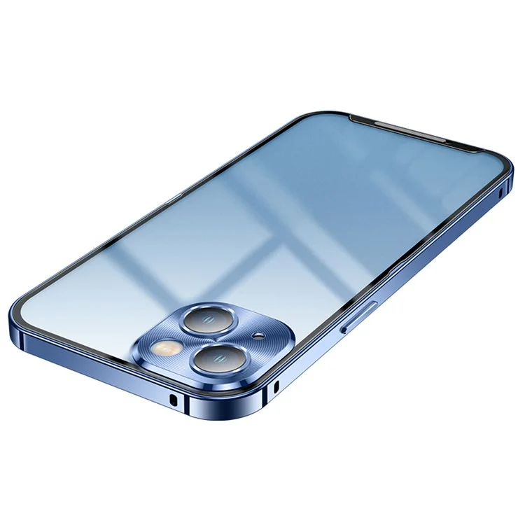 For iPhone 13 6.1 inch Translucent Matte Cover Aluminium Alloy Bumper Frame + PC Back Phone Case with Camera Lens Protector - Blue