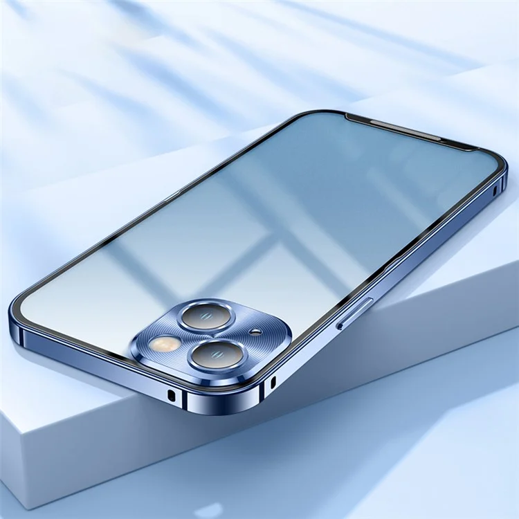 For iPhone 13 6.1 inch Translucent Matte Cover Aluminium Alloy Bumper Frame + PC Back Phone Case with Camera Lens Protector - Blue