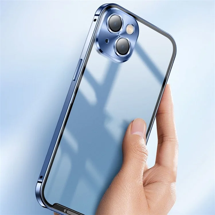 For iPhone 13 6.1 inch Translucent Matte Cover Aluminium Alloy Bumper Frame + PC Back Phone Case with Camera Lens Protector - Blue
