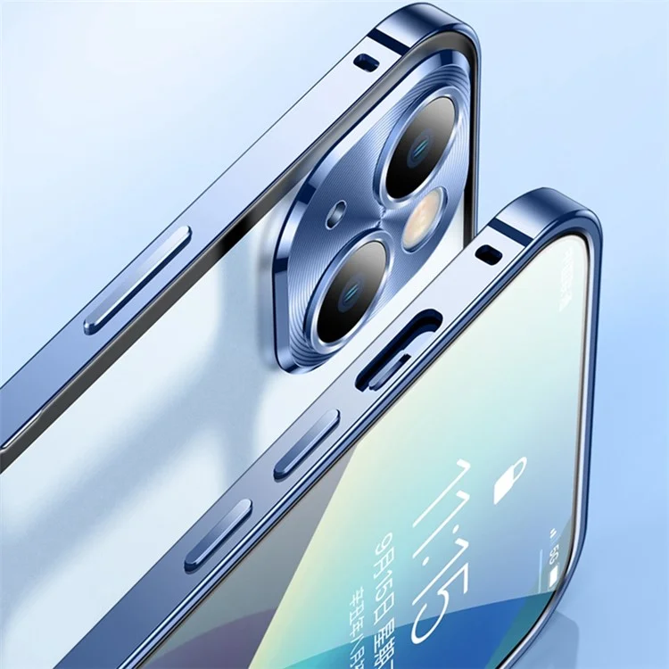 For iPhone 13 6.1 inch Translucent Matte Cover Aluminium Alloy Bumper Frame + PC Back Phone Case with Camera Lens Protector - Blue