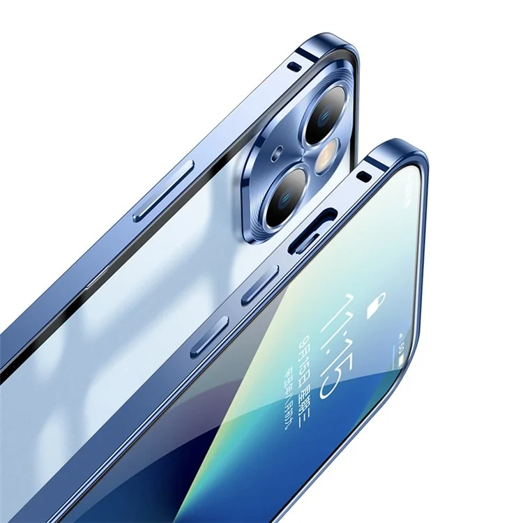 For iPhone 13 6.1 inch Translucent Matte Cover Aluminium Alloy Bumper Frame + PC Back Phone Case with Camera Lens Protector - Blue