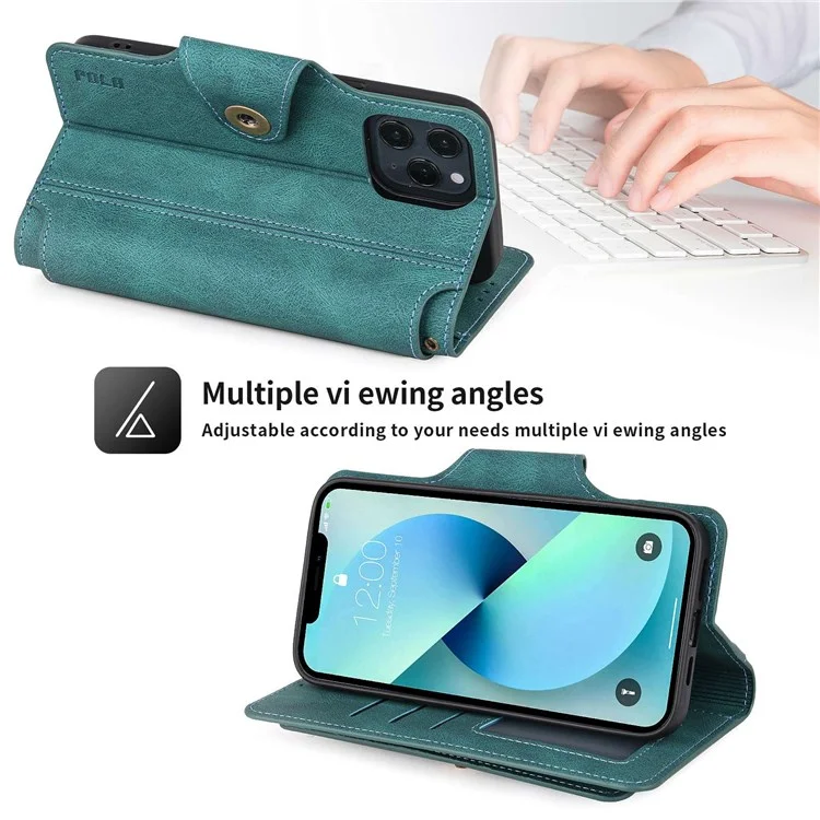 Pola Per Iphone 13 Pro Max 6,7 Pollici 010 Custodia Per Telefono in Pelle Pu, Design Slot di Scheda Antico-collisione Con Portafoglio e Copertina di Chiusura Della Fibbia Del Cinturino da Polso - Blu