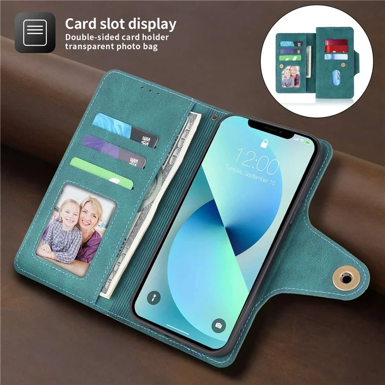 Pola Per Iphone 13 Pro Max 6,7 Pollici 010 Custodia Per Telefono in Pelle Pu, Design Slot di Scheda Antico-collisione Con Portafoglio e Copertina di Chiusura Della Fibbia Del Cinturino da Polso - Blu