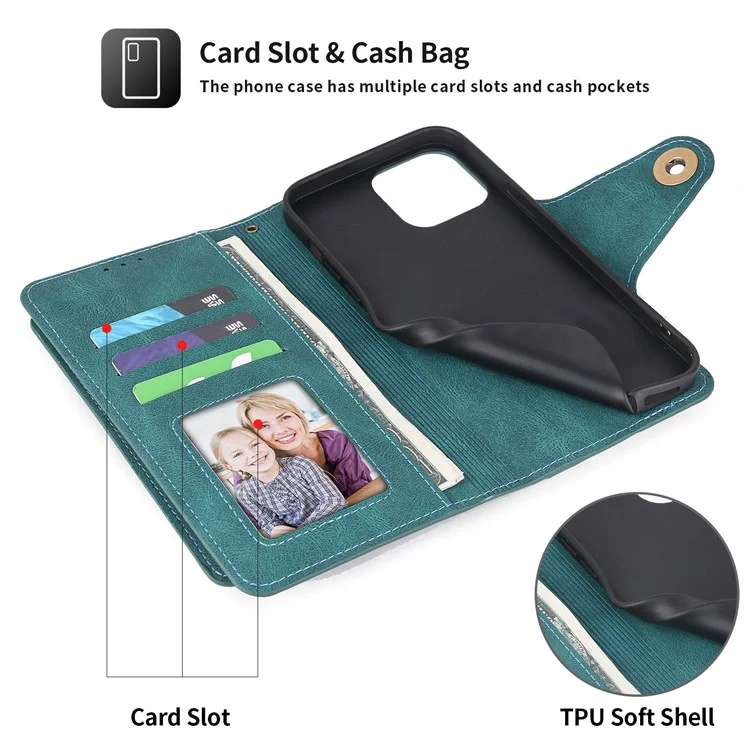 Pola Per Iphone 12/12 Pro 6.1 Pollici 010 Protezione Completa PU Custodia Per Telefono in Pelle Pu, Design di Slot a 9 Schede Con Portafoglio e Copertina di Chiusura Della Fibbia Cinturino da Polso - Blu