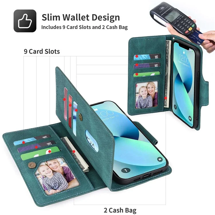 Pola Per Iphone 12/12 Pro 6.1 Pollici 010 Protezione Completa PU Custodia Per Telefono in Pelle Pu, Design di Slot a 9 Schede Con Portafoglio e Copertina di Chiusura Della Fibbia Cinturino da Polso - Blu