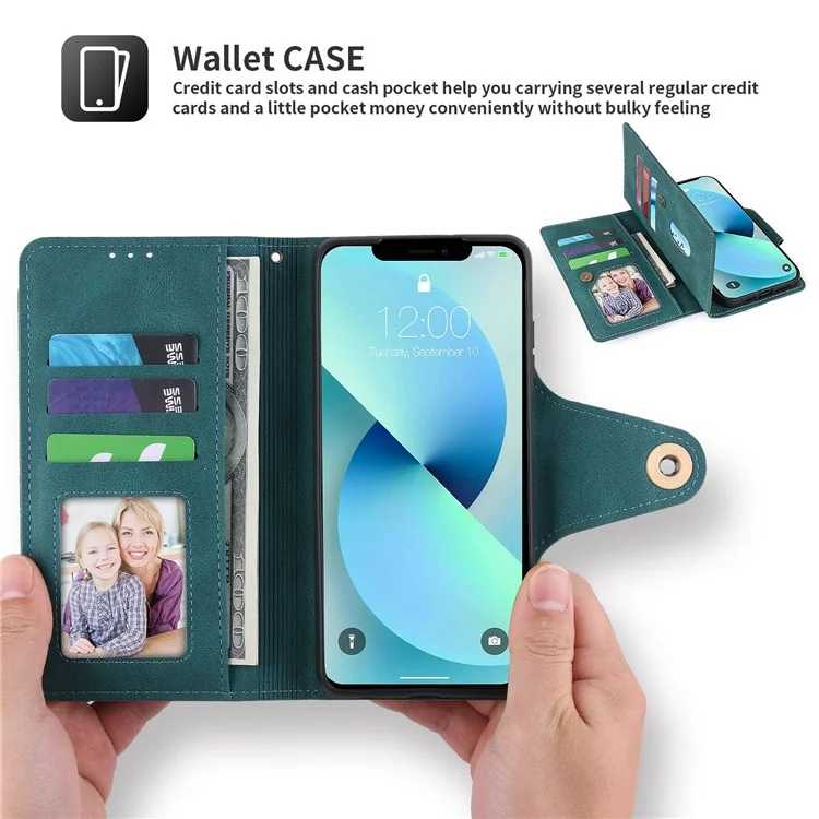 Pola Per Iphone 12 Pro Max 6,7 Pollici 010 Slot a 9 Schede Completamente Avvolto PU Custodia Per Telefono in Pelle PU Con Supporto Per il Portafoglio e Cover di Chiusura Della Fibbia Del Cinturino da Polso - Blu