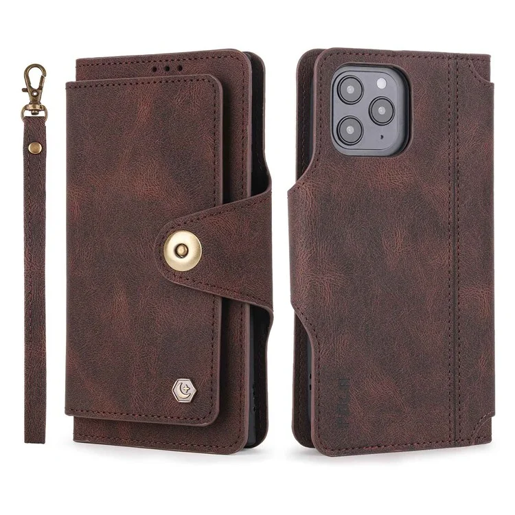 Pola Für IPhone 13 Pro 6.1 Zoll 010 9 Kartensteckplätze PU Leder Telefonhülle Mit Brieftasche Und Handgelenksgurt Schnalle Abdeckung - Dunkelbraun