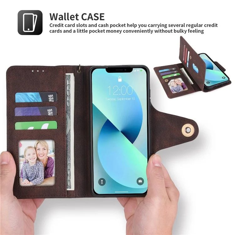 Pola Für IPhone 13 Pro 6.1 Zoll 010 9 Kartensteckplätze PU Leder Telefonhülle Mit Brieftasche Und Handgelenksgurt Schnalle Abdeckung - Dunkelbraun