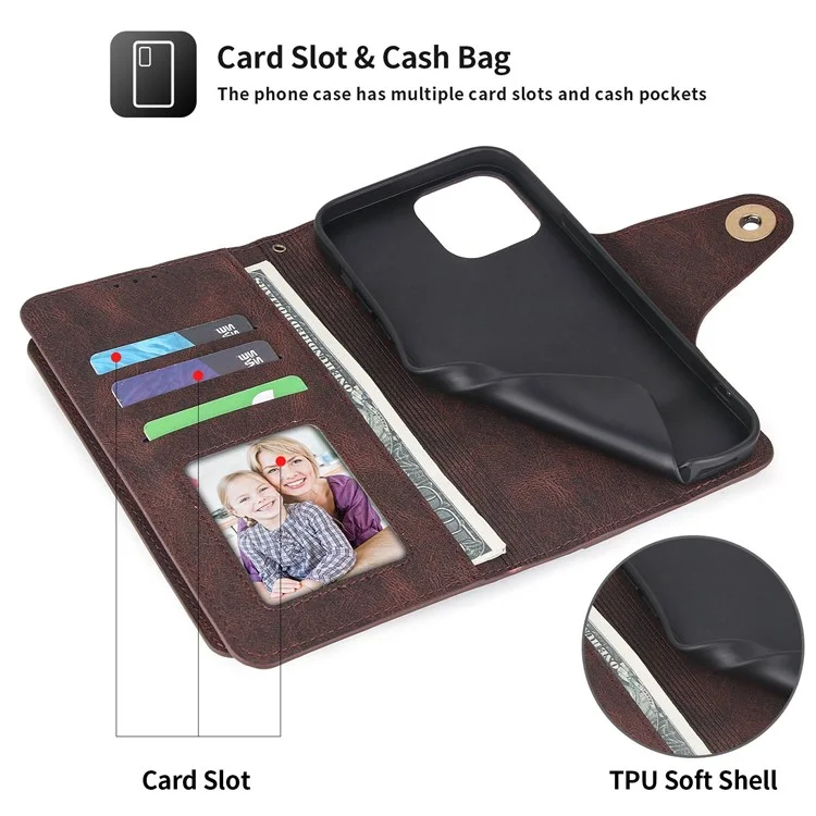 Pola Für IPhone 13 Pro 6.1 Zoll 010 9 Kartensteckplätze PU Leder Telefonhülle Mit Brieftasche Und Handgelenksgurt Schnalle Abdeckung - Dunkelbraun