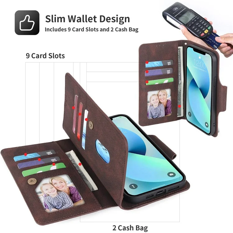 Pola Für IPhone 13 Pro 6.1 Zoll 010 9 Kartensteckplätze PU Leder Telefonhülle Mit Brieftasche Und Handgelenksgurt Schnalle Abdeckung - Dunkelbraun