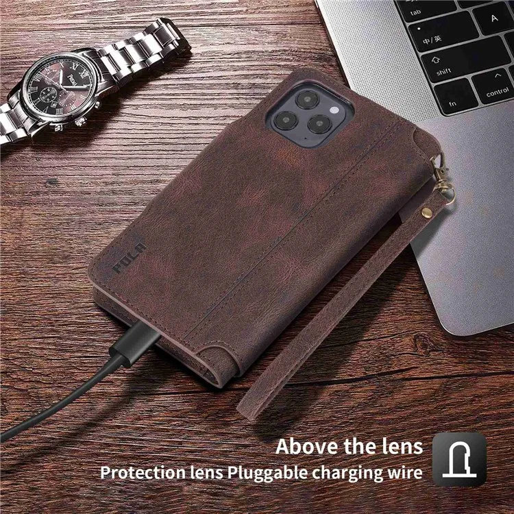 Pola Für IPhone 13 Pro 6.1 Zoll 010 9 Kartensteckplätze PU Leder Telefonhülle Mit Brieftasche Und Handgelenksgurt Schnalle Abdeckung - Dunkelbraun