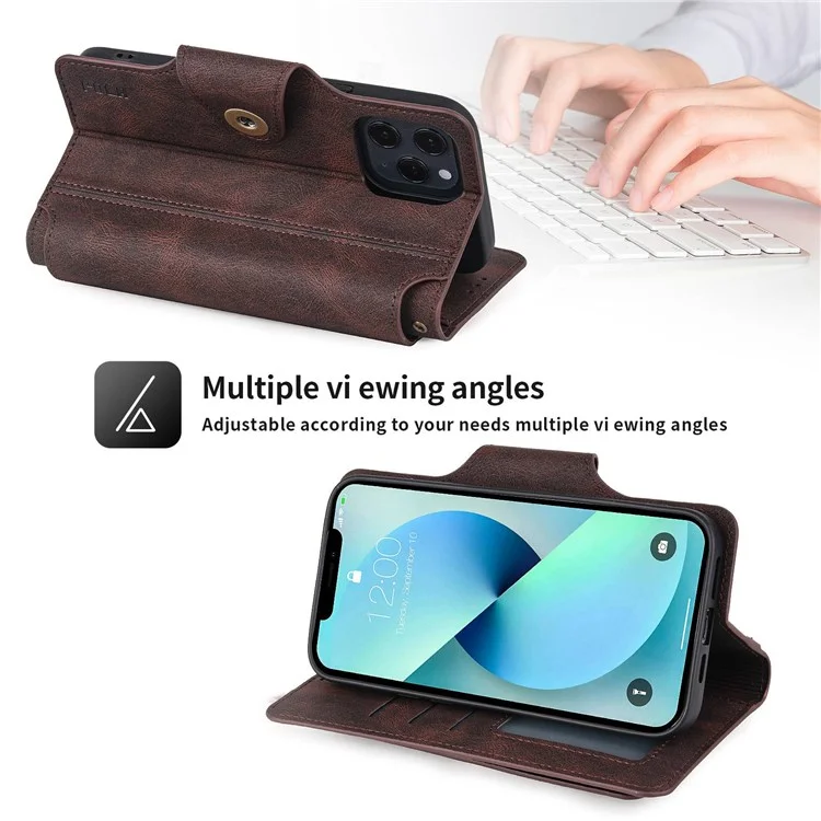 Pola Für IPhone 13 Pro 6.1 Zoll 010 9 Kartensteckplätze PU Leder Telefonhülle Mit Brieftasche Und Handgelenksgurt Schnalle Abdeckung - Dunkelbraun