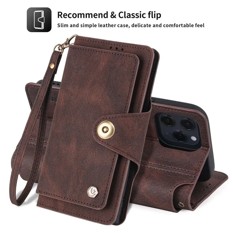 Pola Für IPhone 13 Pro 6.1 Zoll 010 9 Kartensteckplätze PU Leder Telefonhülle Mit Brieftasche Und Handgelenksgurt Schnalle Abdeckung - Dunkelbraun
