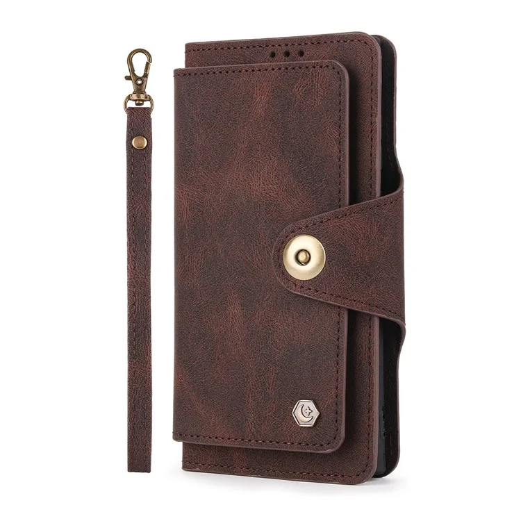 Pola Für IPhone 13 Pro 6.1 Zoll 010 9 Kartensteckplätze PU Leder Telefonhülle Mit Brieftasche Und Handgelenksgurt Schnalle Abdeckung - Dunkelbraun
