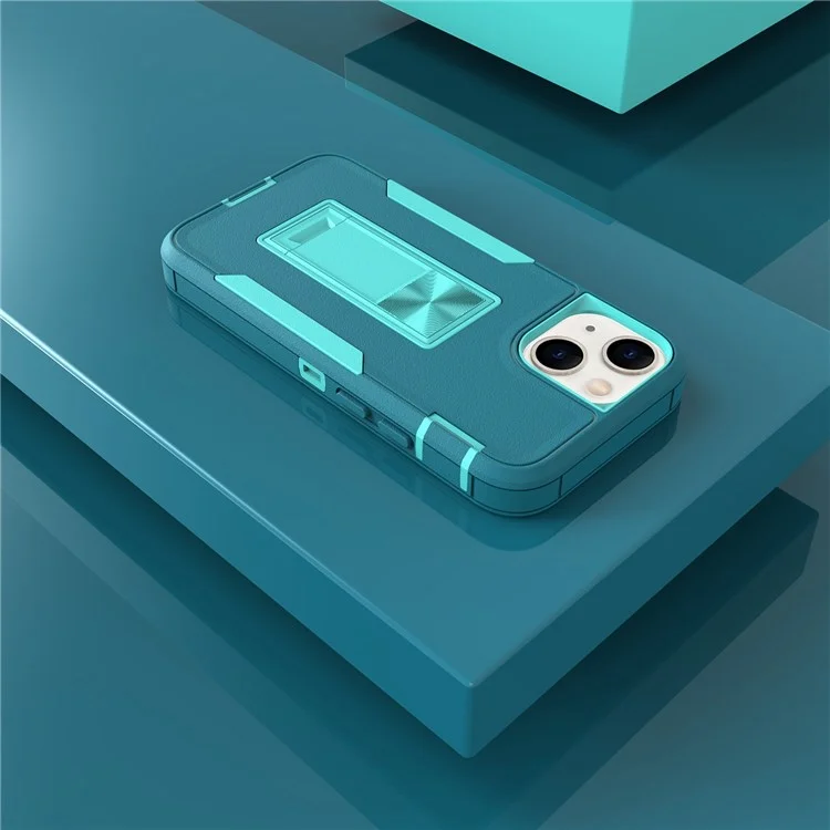 For iPhone 13 mini 5.4 inch Back Shell, Bump Proof PC + TPU Hybrid Phone Cover with Integrated Kickstand Car Mount Metal Sheet Case - Lake Blue/Blue-green
