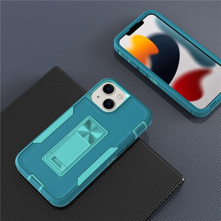 For iPhone 13 mini 5.4 inch Back Shell, Bump Proof PC + TPU Hybrid Phone Cover with Integrated Kickstand Car Mount Metal Sheet Case - Lake Blue/Blue-green