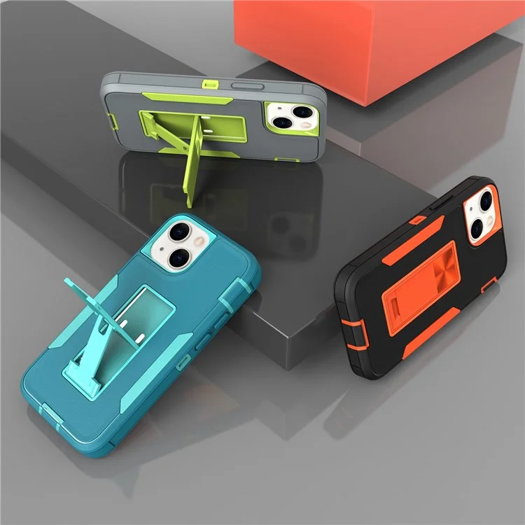 For iPhone 13 mini 5.4 inch Back Shell, Bump Proof PC + TPU Hybrid Phone Cover with Integrated Kickstand Car Mount Metal Sheet Case - Lake Blue/Blue-green