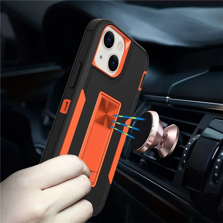 For iPhone 13 mini 5.4 inch Back Shell, Bump Proof PC + TPU Hybrid Phone Cover with Integrated Kickstand Car Mount Metal Sheet Case - Lake Blue/Blue-green