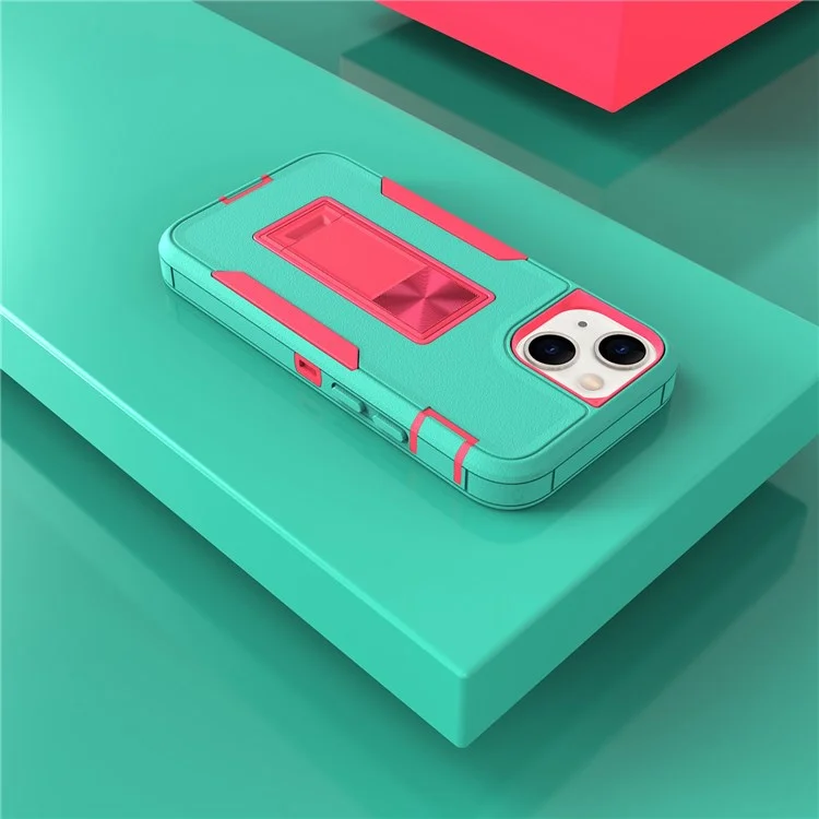 For iPhone 13 mini 5.4 inch Back Shell, Bump Proof PC + TPU Hybrid Phone Cover with Integrated Kickstand Car Mount Metal Sheet Case - Teal/Rose