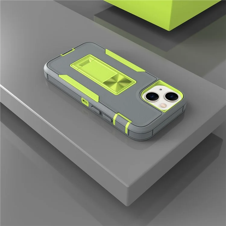 For iPhone 13 mini 5.4 inch Back Shell, Bump Proof PC + TPU Hybrid Phone Cover with Integrated Kickstand Car Mount Metal Sheet Case - Dark Grey/Fluorescent Green