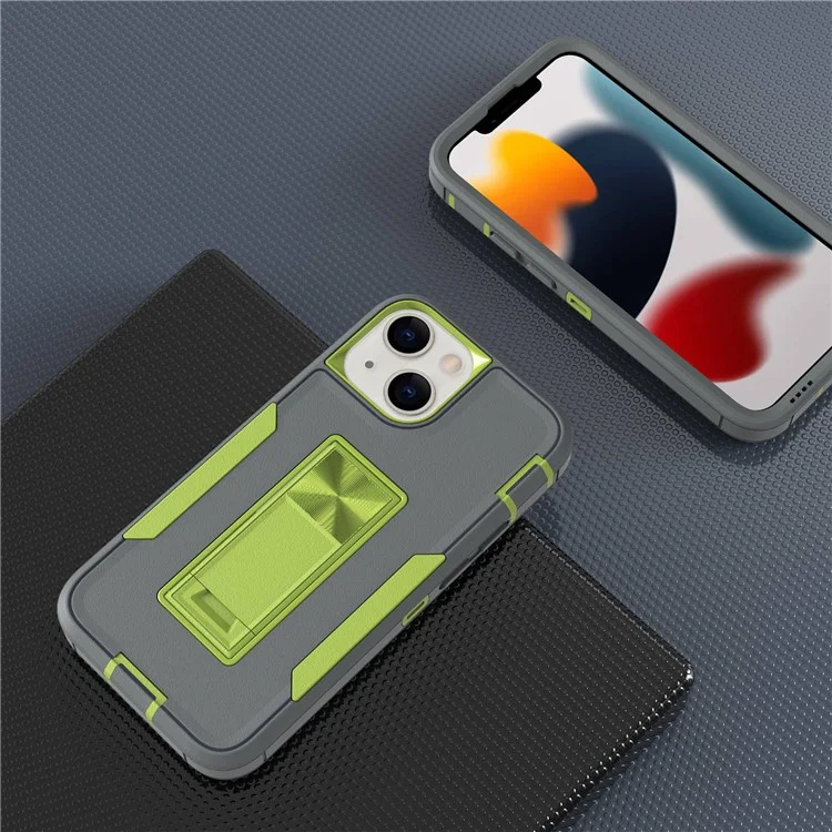 For iPhone 13 mini 5.4 inch Back Shell, Bump Proof PC + TPU Hybrid Phone Cover with Integrated Kickstand Car Mount Metal Sheet Case - Dark Grey/Fluorescent Green