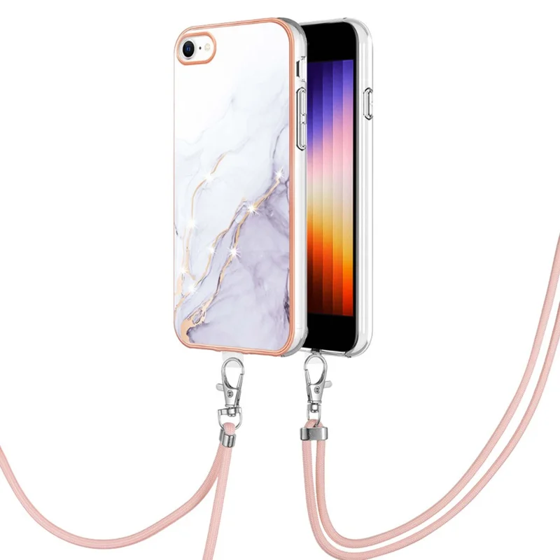 For iPhone SE (2022) / (2020) / 8 4.7 inch / 7 4.7 inch Case with Shoulder Strap IMD IML Flower Pattern TPU Back Cover - White 006