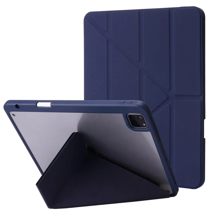 Für IPad Pro 12,9-Zoll (2021)/(2020)/(2018) Tablet Case Auto Wake/Sleep Origami Stand PU Leder + Acrylabdeckung - Dunkelblau