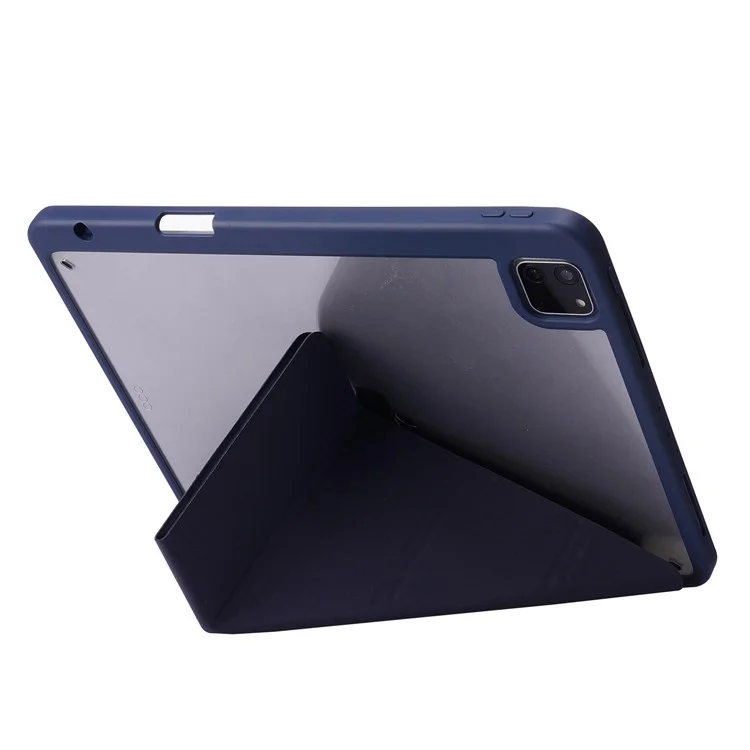 For iPad Pro 12.9 (2022) / (2021) / (2020) / (2018) Tablet Case Auto Wake / Sleep Origami Stand PU Leather + Acrylic Cover - Dark Blue