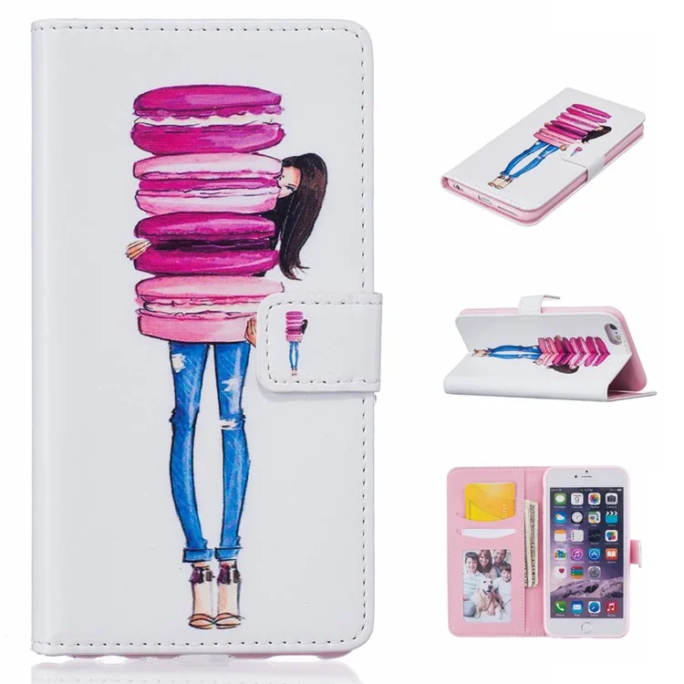 Embossed Stand Wallet Leather Case for iPhone 6s 6 - Girl Holding Macarons