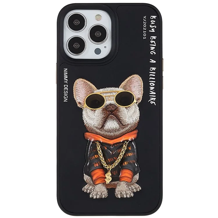 NIMMY Glasses Pet Series per iPhone 13 Pro 6.1 pollici Anti-drop Phone Shell Ricamo PU Pelle + PC + TPU Back Case - Carlino
