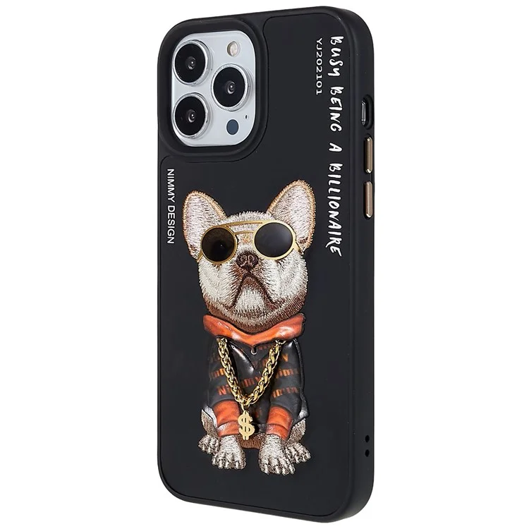 NIMMY Glasses Pet Series per iPhone 13 Pro 6.1 pollici Anti-drop Phone Shell Ricamo PU Pelle + PC + TPU Back Case - Carlino