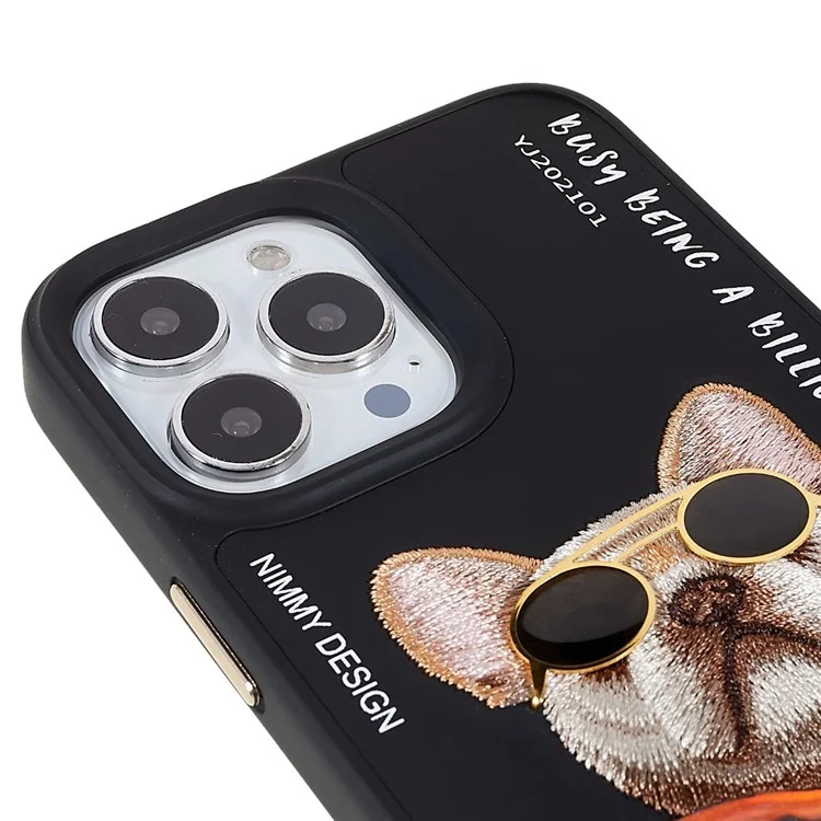 NIMMY Glasses Pet Series per iPhone 13 Pro 6.1 pollici Anti-drop Phone Shell Ricamo PU Pelle + PC + TPU Back Case - Carlino