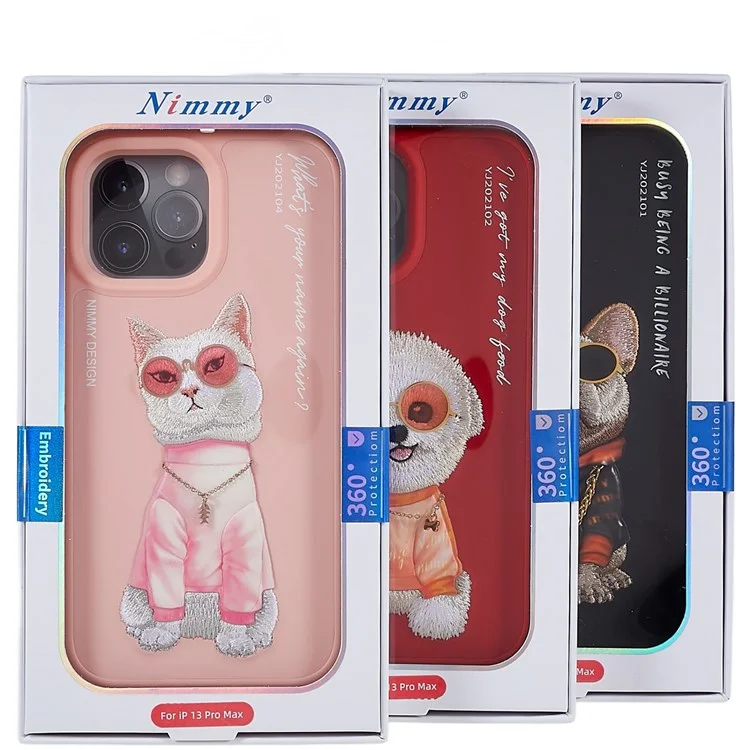 NIMMY Glasses Pet Series per iPhone 13 Pro 6.1 pollici Anti-drop Phone Shell Ricamo PU Pelle + PC + TPU Back Case - Carlino