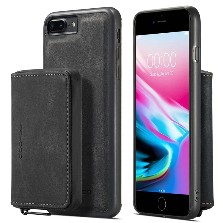 JEEHOOD For iPhone 7 Plus/8 Plus 5.5 inch Detachable 2-in-1 Shockproof Well-protected Leather Coated TPU Cell Phone Case with Kickstand Zipper Wallet - Black
