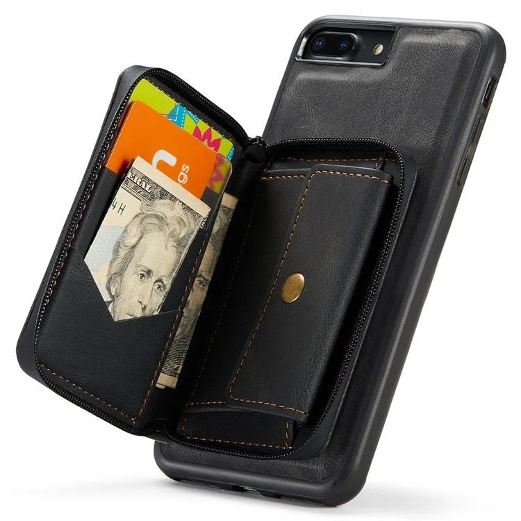 JEEHOOD For iPhone 7 Plus/8 Plus 5.5 inch Detachable 2-in-1 Shockproof Well-protected Leather Coated TPU Cell Phone Case with Kickstand Zipper Wallet - Black