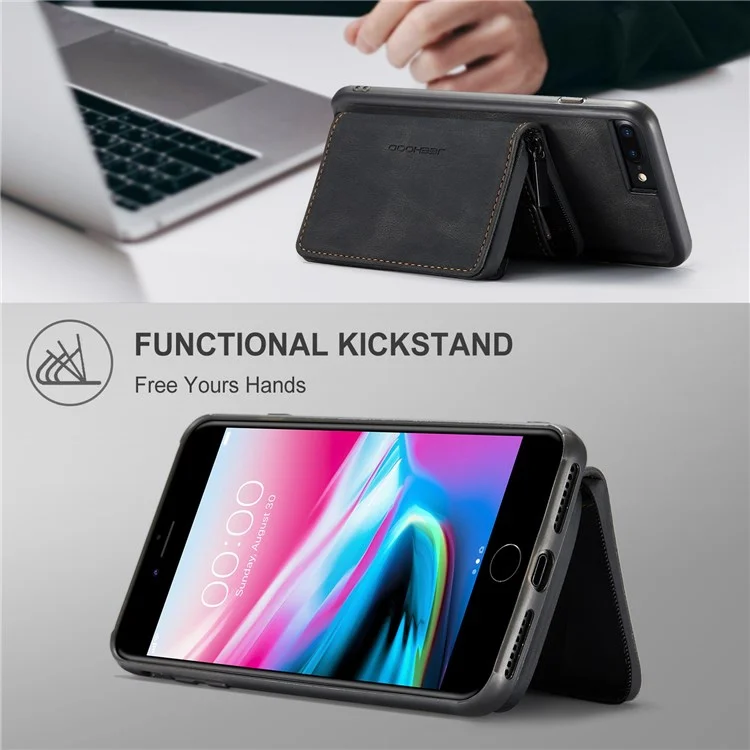 JEEHOOD For iPhone 7 Plus/8 Plus 5.5 inch Detachable 2-in-1 Shockproof Well-protected Leather Coated TPU Cell Phone Case with Kickstand Zipper Wallet - Black