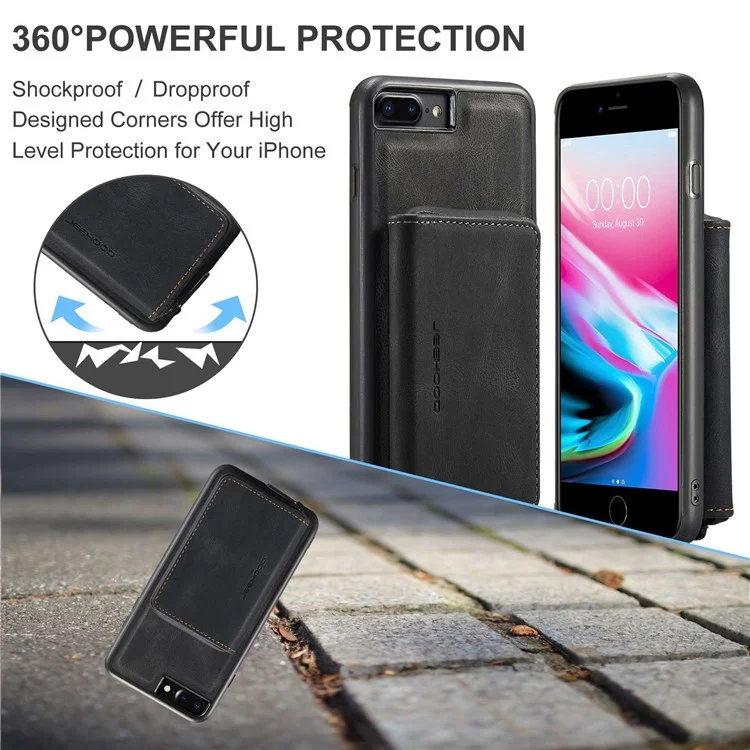 JEEHOOD For iPhone 7 Plus/8 Plus 5.5 inch Detachable 2-in-1 Shockproof Well-protected Leather Coated TPU Cell Phone Case with Kickstand Zipper Wallet - Black