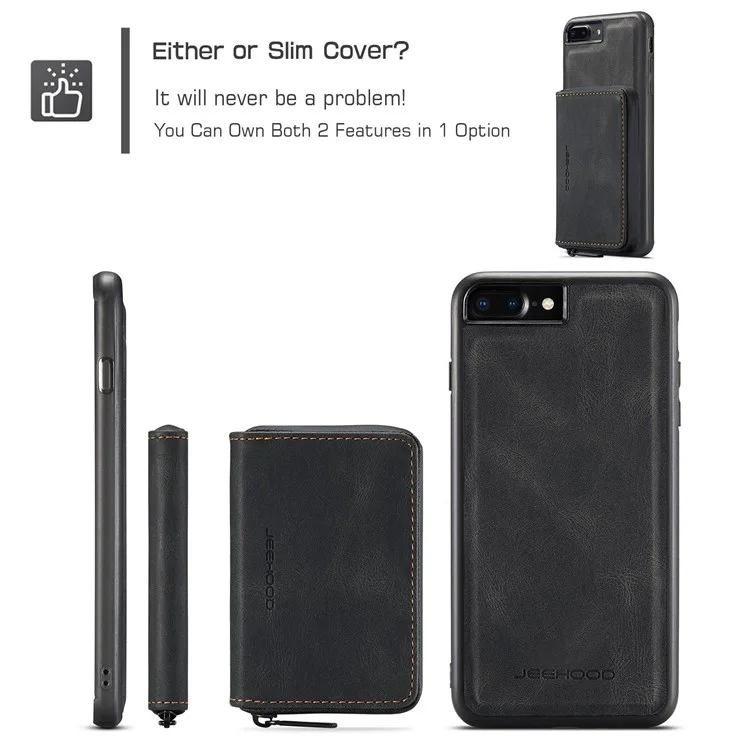 JEEHOOD For iPhone 7 Plus/8 Plus 5.5 inch Detachable 2-in-1 Shockproof Well-protected Leather Coated TPU Cell Phone Case with Kickstand Zipper Wallet - Black