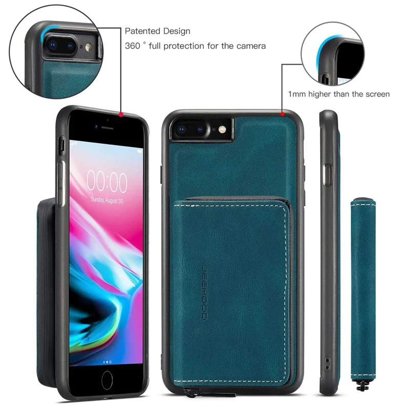 JEEHOOD For iPhone 7 Plus/8 Plus 5.5 inch Detachable 2-in-1 Shockproof Well-protected Leather Coated TPU Cell Phone Case with Kickstand Zipper Wallet - Blue