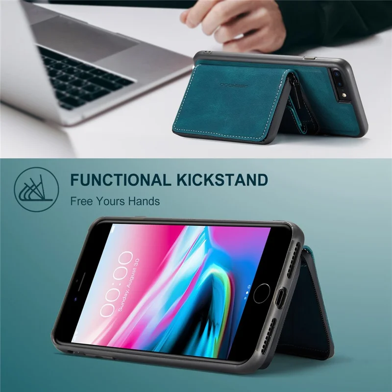 JEEHOOD For iPhone 7 Plus/8 Plus 5.5 inch Detachable 2-in-1 Shockproof Well-protected Leather Coated TPU Cell Phone Case with Kickstand Zipper Wallet - Blue