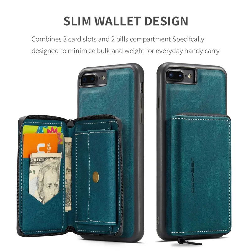 JEEHOOD For iPhone 7 Plus/8 Plus 5.5 inch Detachable 2-in-1 Shockproof Well-protected Leather Coated TPU Cell Phone Case with Kickstand Zipper Wallet - Blue