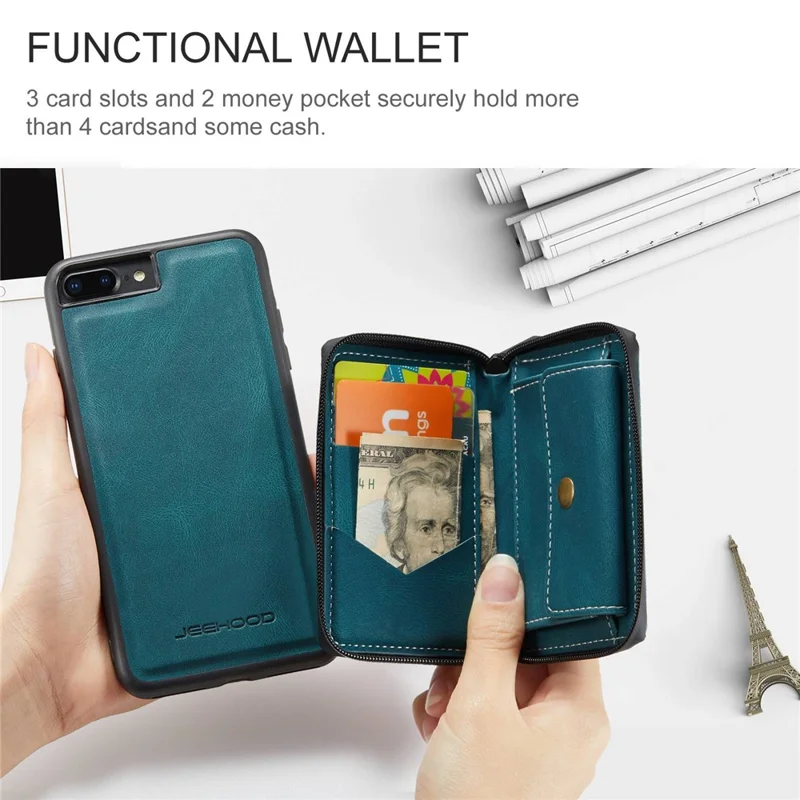 JEEHOOD For iPhone 7 Plus/8 Plus 5.5 inch Detachable 2-in-1 Shockproof Well-protected Leather Coated TPU Cell Phone Case with Kickstand Zipper Wallet - Blue
