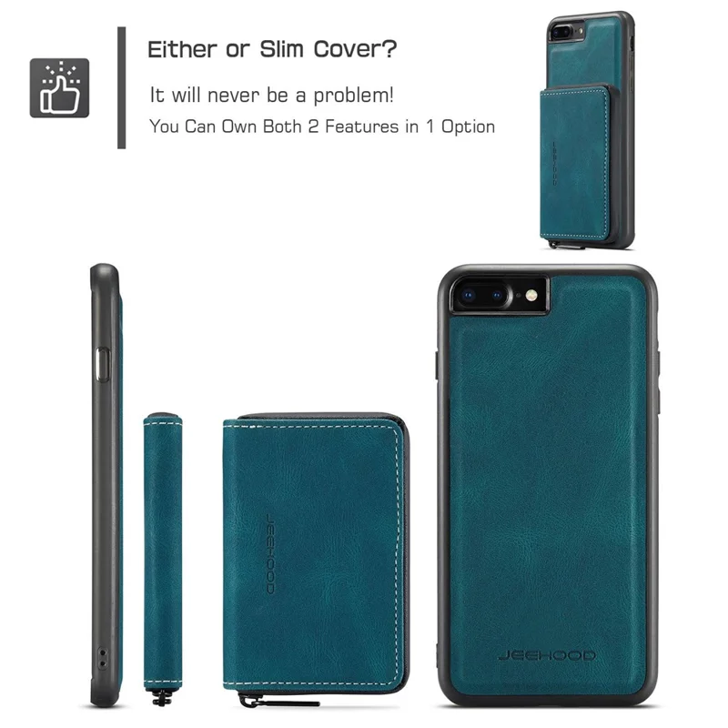 JEEHOOD For iPhone 7 Plus/8 Plus 5.5 inch Detachable 2-in-1 Shockproof Well-protected Leather Coated TPU Cell Phone Case with Kickstand Zipper Wallet - Blue