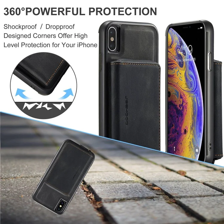 Jeehood Para Iphone XS Max 6.5 Pulgadas Ripes Desmontables Cubierta de Absorción Magnética Anti-drop Anti-scratch Cuero TPU Case Con Kickstand - Negro