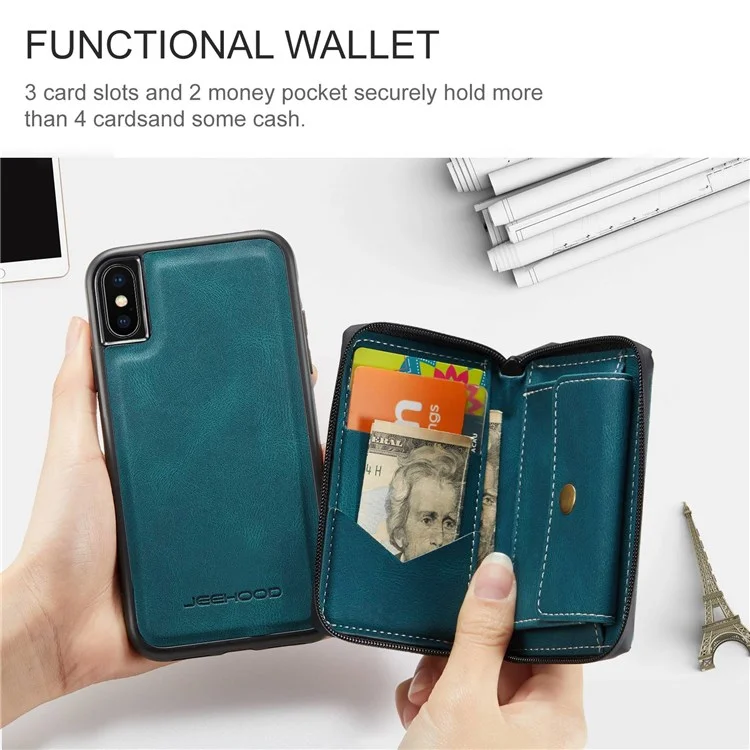 Jeehood Pour Iphone XS Max 6,5 Pouces Portefeuille Détachable à Fermeture Éclair et Couverture D'absorption Magnétique - Bleu