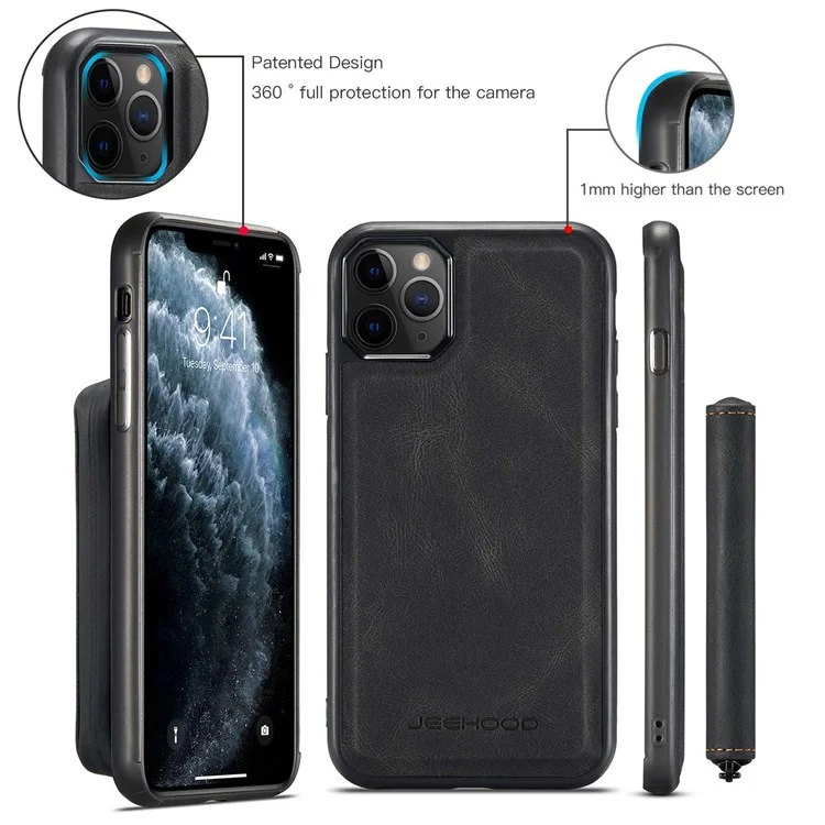 JEEHOOD For iPhone 11 Pro Max 6.5 inch Wear-resistant Magnetic Absorption Detachable Zipper Wallet Style Cover Leather Coated TPU Protective Phone Case with Kickstand - Black