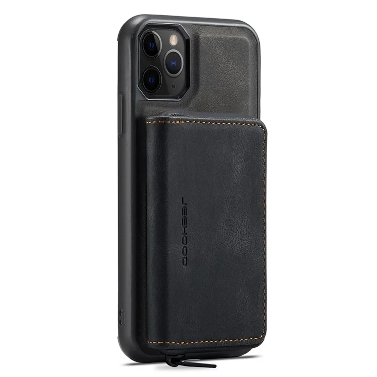 JEEHOOD For iPhone 11 Pro Max 6.5 inch Wear-resistant Magnetic Absorption Detachable Zipper Wallet Style Cover Leather Coated TPU Protective Phone Case with Kickstand - Black